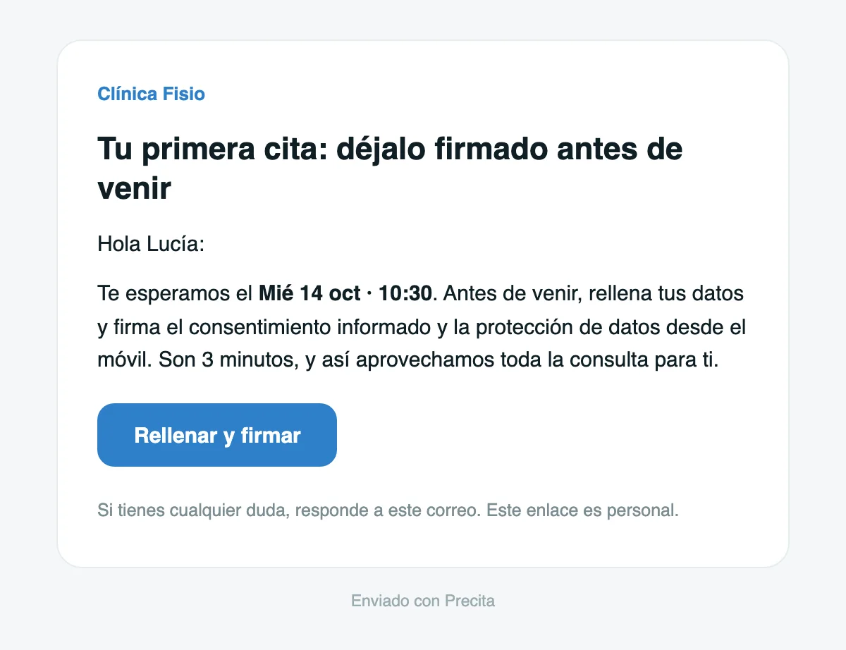 Correo que recibe el paciente, con su cita y el botón Rellenar y firmar