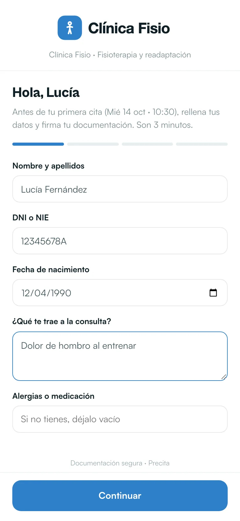 Paso 1 del paciente: sus datos personales