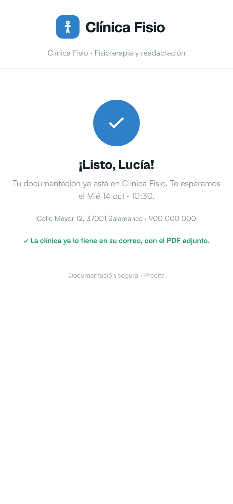Pantalla final: documentación enviada a la clínica