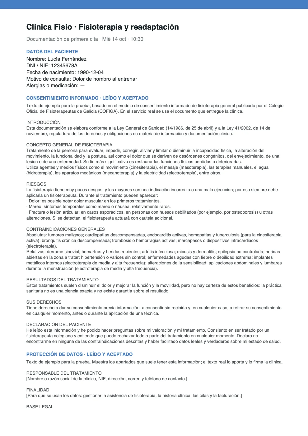 Primera página del PDF firmado con los datos del paciente y los documentos aceptados